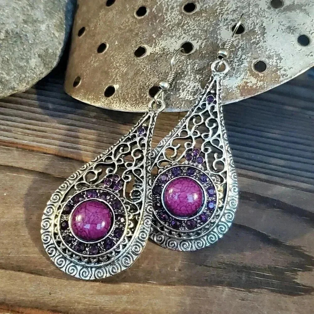Vintage 90s Lacy Purple Antique Silver Acrylic Crystal Teardrop Earrings